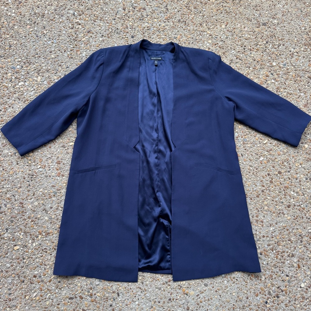 Eileen Fisher 100% Silk Georgette Crepe Navy Blue Blazer Size XL